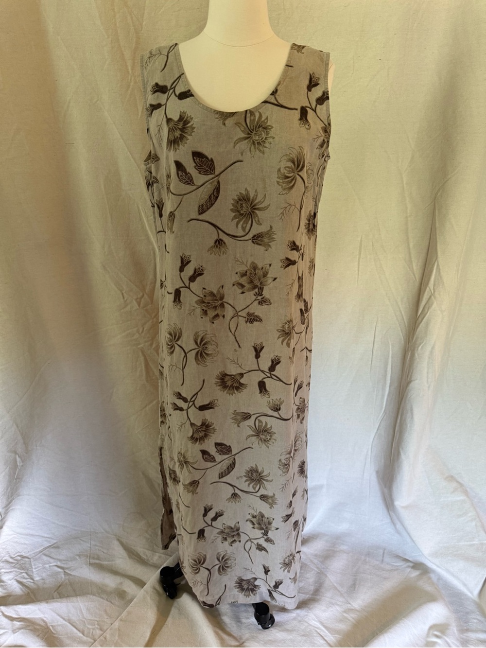 100% Linen Floral Scoop Neck Sleeveless Cream Maxi Dress size L
